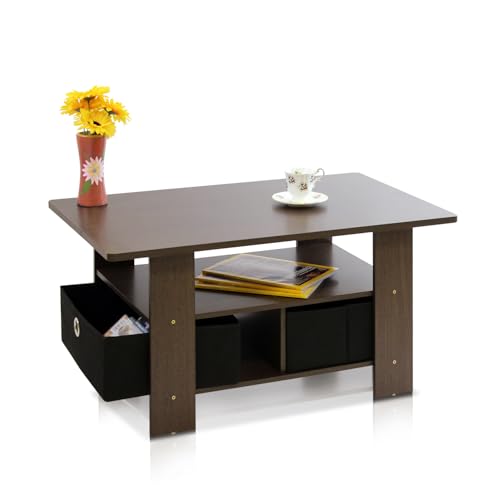 Furinno ANDREY Coffee Table, Small Modern Coffee Table with Storage and Bin Drawer, Side Table for Living Room, Bedroom, Home Office, Dark Brown - color: Dark Brown/Black, style: 2 Bin