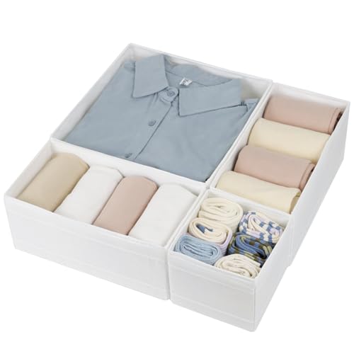 Washable Cloth Drawer Organizer, Set of 4 Foldable Sock Dresser Drawer Organizers Storage Boxes, Fabric Storage Boxes Closet Cabinet Organizer for Clothes (White, S+2M+L) - color: White, size: 1S+2M+1L