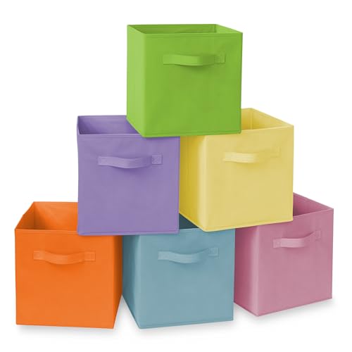 Casafield Set of 6 Collapsible Fabric Cube Storage Bins, Multicolor - 11" Foldable Cloth Baskets for Shelves, Cubby Organizers & More - color: Baby Blue, Lavender, Lime Green, Pink, Orange, Yellow, size: 10.5" x 10.5" x 11"