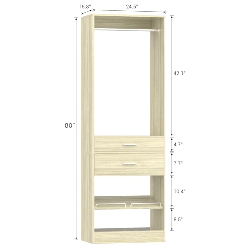 Unikito 25” W x 80'' H Closet System Organizer with Hanging Rod and 2 Wooden Drawers, Adjustable Shoes Rack, Sturdy Garment Racks, Walk-in Closet Tower for Bedroom, Mudroom, and Entryway, White Oak - color: White Oak, size: 25 Inch