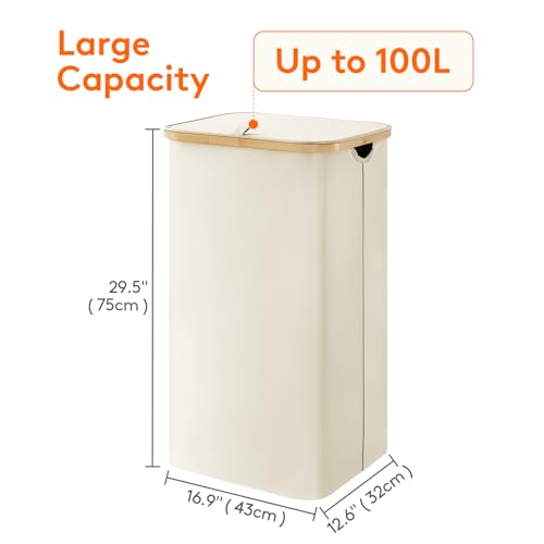 Lifewit 100L Laundry Basket with Lid, Clothes Hampers for Laundry with Bamboo Handles and 1 Removable Bag, Large Foldable Laundry Hamper for Bedroom, Bathroom, Dorm, Laundry Room, White - color: White, size: 100L