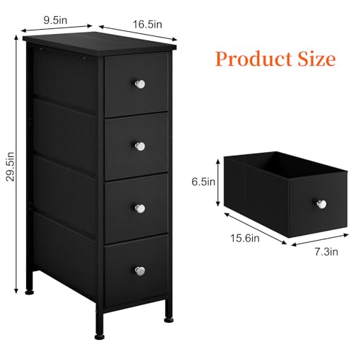 Fixwal Narrow Storage Cabinet, Small Dresser with 4 Drawers, Slim Fabric Dresser Storage for Small Spaces, Black Nightstand Side Table for Bedroom, Bathroom, Laundry, Closet, Dorm - color: Black