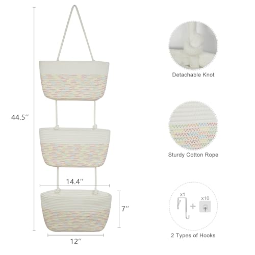 TeoKJ Over the Door Hanging Basket, 3-Tier Woven Cotton Wall-Mounted Storage Organizer Bag Decorative Hanging Nursery Baskets, White & Rainbow Stitching - color: White & Rainbow Stitching
