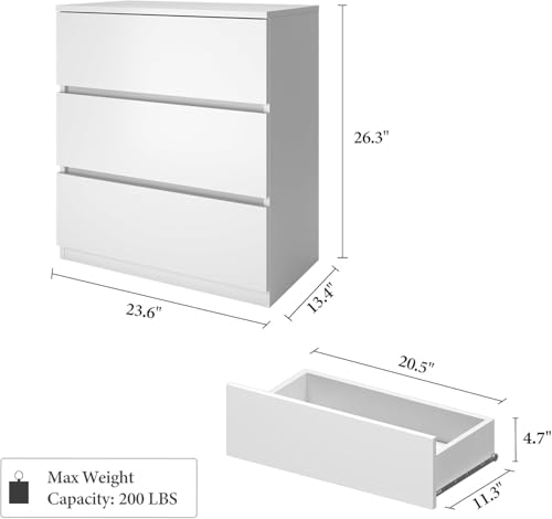 3 Drawer Small Dresser, White Wood Chest of Drawers, Modern Nightstand with Three Wide Drawers, Short Dressers for Bedroom, Closet, Entryway - color: White, size: 13.4"D x 23.6"W x 25.1"H (3 Drawers)