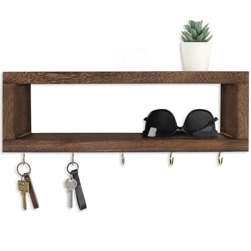 Lwenki Wall Shelf with Hooks - Decorative Key and Wallet Holder for Wall Holds Sunglasses, Leashes, Scarves and Lanyards - 15.7" x 5.1" x 2.9" Entryway Organizer Made of Paulownia Wood (Brown) - color: Brown