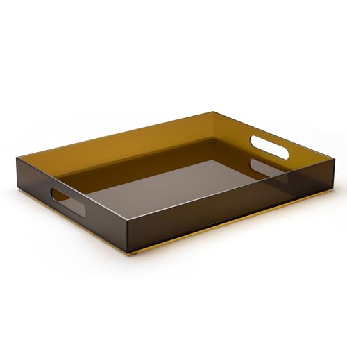 ATZYmolin 16"x12" Large Acrylic Serving Tray Decorative Ottoman Coffee Table Vanity Tray Tea Fruit Platter Snack Appetizer Dessert Drink with Handles for Bar Kitchen Party, Amber - color: Brown - Medium