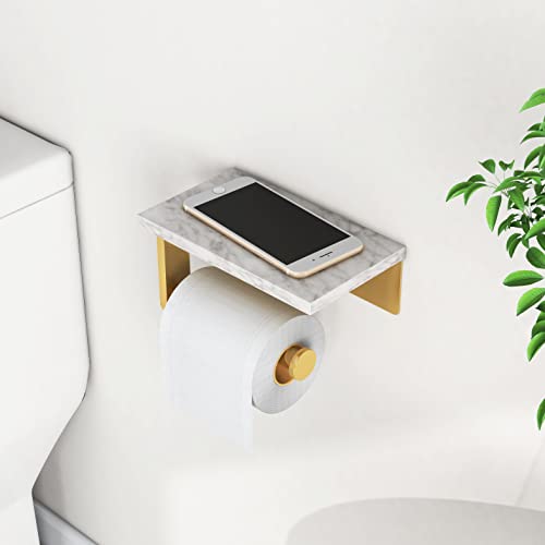 Brushed Gold Toilet Paper Holder with Natural Marble Shelf, 304 Stainless Steel Screw Wall Mounted, Tissue Roll Paper Holder Dispenser for Bathroom Washroom - color: Gold, size: 1 Roll