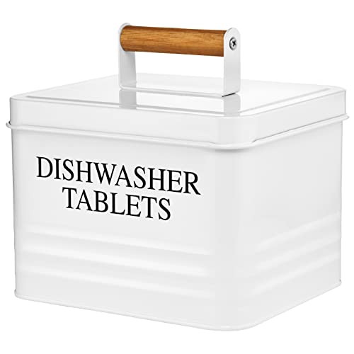 Calindiana Modern Farmhouse Metal Dishwasher Pods Container Holder with Lid for Kitchen Organization and Storage, Kitchen Essentials Decor Accessories, White - color: White