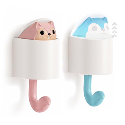 2 Pcs Creative Squirrel Cute Pet Key Holder wall Mount, Keychain Command Hooks,siding Hooks,Hook for Coat, Scarf, Hat, Towel, Bag, Utility Hook for Wall Hanging Decorations (Pink&Blue) - color: Pink&Blue