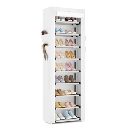 VILICK Shoe Rack with Cover Narrow Shoe Rack Organizer with 4 Side Pockets 10 Tier Tall Shoe Storage Shoe Shelf Holds 18-22 Pairs Shoes and Boots Shoe Rack for Closet, White - color: White, size: 10 Tiers-17.7" Wide