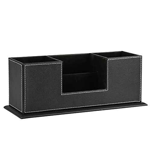 KINGFOM Office Supplies Desk Organizer PU Leather Storage Box 4 Divided Compartments for Pen Business Card Remote Control Mobile Phone Cosmetics Collection Holder (Black) - color: Black-L