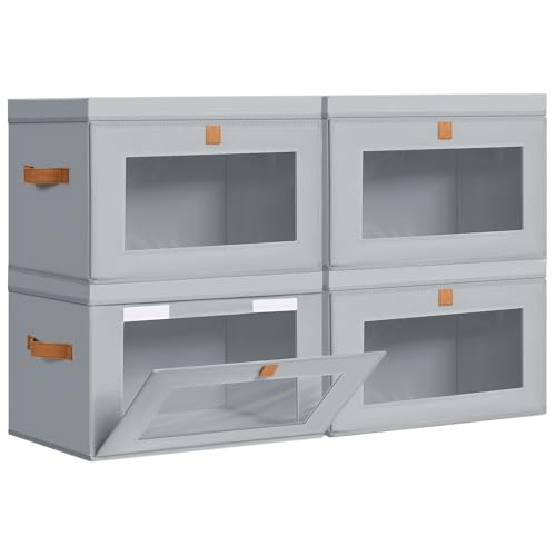 DIMJ Storage Bins with Lids - 4 Pack Large Fabric Closet Organizer with Window & Handles, Collapsible Decorative Storage Boxes for Shelves Under Bed, Books Clothes Blankets Sweaters Organization - color: Gray, size: Large-4 Pack
