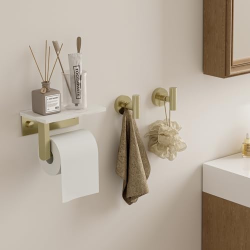 BWE Brushed Gold Toilet Paper Holder with Marble Shelf, Toilet Paper Roll Holder Wall Mounted, Toilet Paper Roll Holder with Phone Shelf 304 Stainless Steel Tissue Holder for Bathroom Washroom - color: Brushed Gold