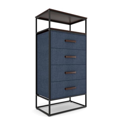 tinge Zana Premium 4 Drawer Fabric Dresser - Small Wood Top Dresser for Bedroom in Ocean Blue - Durable Metal Frame, Sag-Proof Clothes Storage Drawers & Sleek Wooden Handles (Navy) - color: Ocean Blue (Navy), size: 13.5"D x 23.5"W x 46.5"H (4 Drawers)
