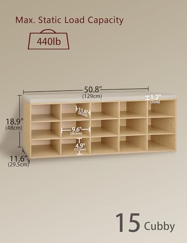 DINZI LVJ Shoe Storage Bench with Cushion, 15-Cubby Shoe Rack, Adjustable Shelves, Long Shoe Organizer Bench for Entryway, Mudroom, Hallway, Living Room, Bedroom and Garage, Natural - color: Natural, size: 15 Cubby