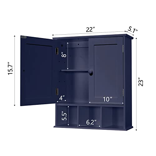 TaoHFE Blue Bathroom Over The Toilet Storage Cabinet,Wall Medicine Cabinet Organizer with 2 Door Adjustable Shelves,Wooden Modern Bathroom Shelves Wall Mounted Laundry Room - color: Blue