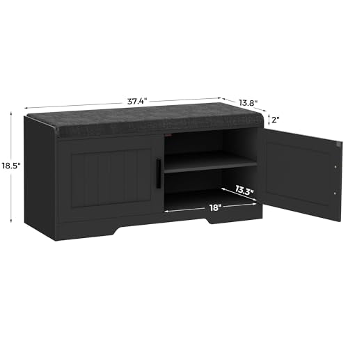 Homleke 2-Tier Storage Bench, Shoe Bench with Thickened Padded Seat Cushion, Entryway Bench with 2 Doors, Adjustable Shelf, 13.8" D x 37.4" W x 18.5" H, for Entryway, Living Room, Bedroom, Black - color: Black, size: 37.4"