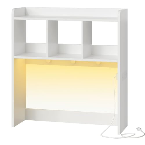 HOOBRO Desktop Bookshelf, Office Desktop Shelf, Desk Hutch with Outlets, Wooden Office Desktop Bookcase, Desktop Organizer Shelf with LED Light Strip and 3 Hooks, for Home, Study, White WT12UDSJ01 - color: White