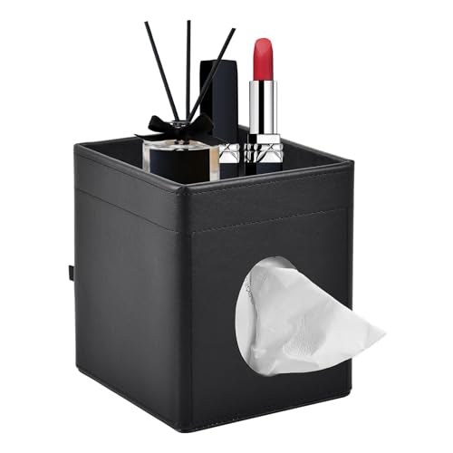 Tissue Box Cover Square Tissue Box Holder PU Leather Facial Tissues Organizer with Storage Tray for Bathroom Vanity Bedroom Office Car, Stylish Napkin Caddy Decorative Organizer (Black) - color: Black