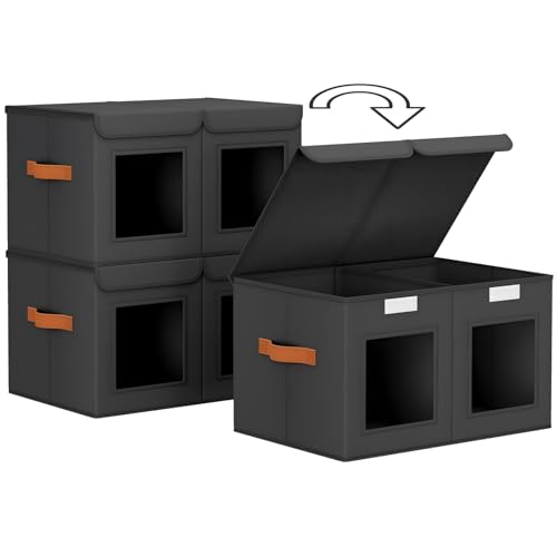 Homsorout Large Closet Storage Bins - Collapsible Divided Clothes Organizer with Lids & Dual Window, Fabric Organizing Bins for Clothes, Sweater, Bedroom, Office (Black, 2 Pack) - color: Black, size: L(2-Pack)