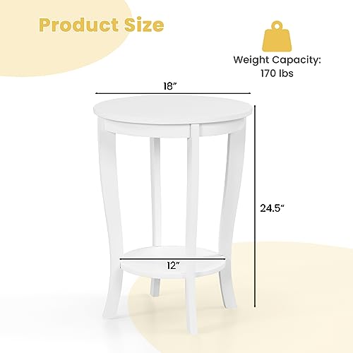 GOFLAME 2-Tier Round End Table, 18” Sofa Side Table with Storage Shelf, Floor Tea Table with Solid Wood Legs, Compact Nightstand for Small Space, Living Room, Bedroom, White - color: White