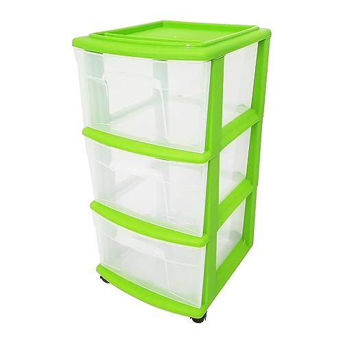 HOMZ Drawer Tower, 3-Tier Clear Plastic Storage Organizer Cart, Bold Lime Frame - Rolling Drawer Containers with Wheels for Bathroom, Bedroom, Office, and Classroom Organization - color: Bold Lime, size: 1 Pack