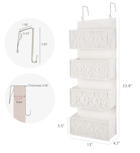 Dahey Over the Door Organizer Macrame Boho Nursery Storage Decor with 4 Large Woven Pockets Closet Hanging Organizer for Bedroom Nursery Bathroom Apartments Dorm Pantry Decoration, White