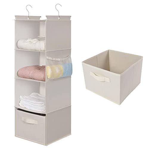 MAX Houser 4-Shelf Hanging Closet Organizer, Space Saver, Cloth Hanging Shelves with 2 Side Pockets, Foldable (Beige) - color: Beige-2
