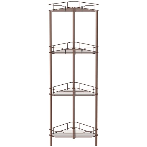 HuggieGems 4 Tier Floor Standing Corner Shower Caddy Organizer Shelf with Hooks, Bathroom Shelves Stand Rack, Coffee - color: Coffee, size: 4 Tier