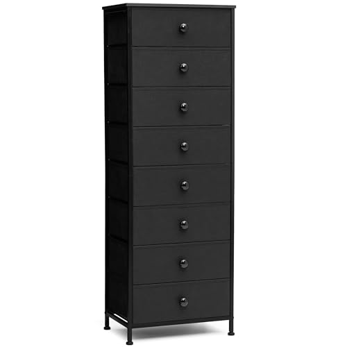 Crestlive Products Tall Dresser, 8-Drawer Fabirc Storage Tower, Chests of Drawers - Vertical Organizer Unit for Bedroom, Hallway, Entryway, Nursery, Closets - Steel Frame, Wood Top & Handles (Black) - color: Black, style: Narrow-8 Drawers