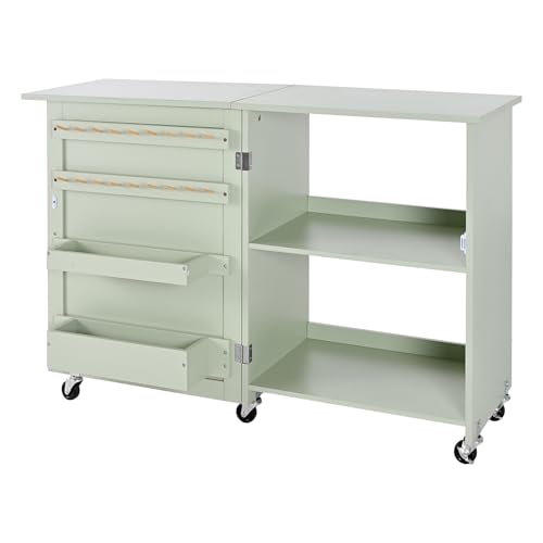 VEVOR Folding Sewing Table, Multipurpose Sewing Machine Table with Compact Design, Wheels, Wooden Pegs, Storage Trays and Shelf, Magnetic Door Lock, Craft Station and Side Desk for Home, Light Green - size: Green w/o Cabinet
