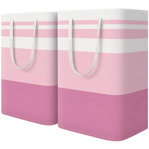 HomeHacks 2 Pack Large Laundry Baskets, Waterproof, Freestanding Laundry Hampers, Collapsible Clothes Hamper with Reinforced Handles in Laundry, College Dorm, Bathroom, Bedroom (Pink, 75Lx2) - color: Pink, size: 75L