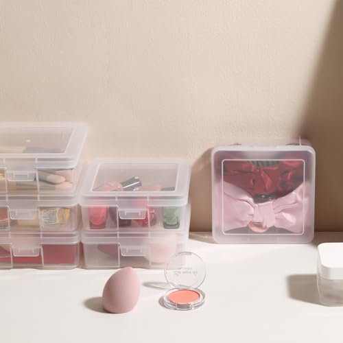 12 Pack Storage Containers with Latching Lid 5" x 5"x 1.9" Small Plastic Clear Stackable Boxes for Office and Beauty - size: Small-12 Pack