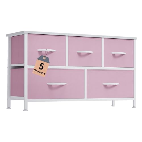 DWVO Dresser for Room with 5 Drawers - Fabric Storage Tower, Long Fabric Dresser, Organizer Unit for Closet, Hallway - color: Pink, style: 5-Drawer