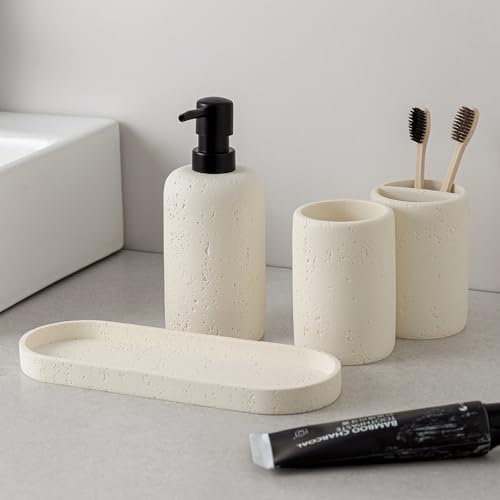 Bathroom Accessories Set, 4 Piece Travertine Stone Look Collection, Modern Bath Organizer with Soap Dispenser, Toothbrush Holder, Tumbler, Vanity Tray for Countertop Kitchen Sink (Off White) - color: Off White