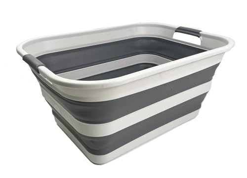 SMMART Collapsible Plastic Laundry Basket with Handle/Foldable Pop Up Storage Hamper/Portable Laundry Organizer-Space Saving Washing Tub/Household Storage Supplies (Grey/Steel Grey, 42L) - color: Grey/Steel Grey, size: 42L