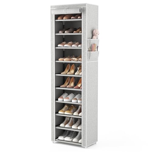 VTRIN Vertical Narrow Shoe Rack Organizer Tall Shoe Rack for Closet Entryway 10 Tier Non-Woven Cover Shoe Shelf Holds 20-22 Pairs Free Standing Shoe Storage Cabinet with Dustproof Cover, Multi Color - color: Multi Colo, size: 17.7"W x11.8"D x 68.9"H