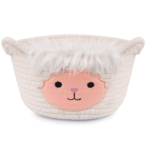 Small Storage Basket for Nursery, Sheep Woven Animal Gift Basket, Round Woven Rope Cotton Storage, Baby Blanket 0rganizer with Ears Handles, Blanket Towel Decor Storage Bins, 8.2"D x 4.7"H IN - color: White Red, size: 9"D × 5 "H