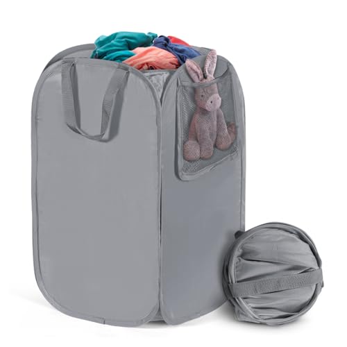HOUSE AGAIN Upgraded Pop Up Hampers for Laundry, Collapsible Laundry Basket with Durable Handles & High Carbon Steel Frame, Wide Opening, Solid Bottom and Side Pocket for Clothes and Storage(Grey) - color: Grey, size: 1-Pack