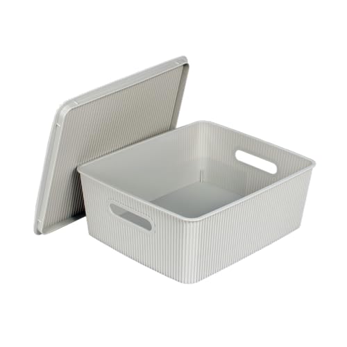Glad Storage Baskets with Lids - Set of 4 Stackable Plastic Boxes with Handles - Decorative Shelf Organizer Bins for Bathroom and Closet, Grey, 3.1 Gallons - color: Grey, size: 3.1 Gallon