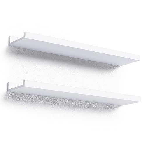 Boswillon 23.6 Inches Long Floating Shelves, 2 Set Modern White Wall Shelf for Bedroom, Nursery Book Shelf with Lip, Picture Ledge Shelf for Living Room, Bathroom, Kitchen - color: White, size: 23.6 In