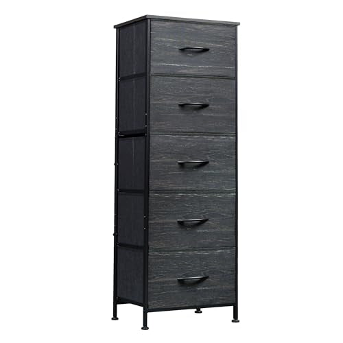WLIVE Fabric Dresser, 5-Drawer Tall Dressers for Bedroom, Storage Dresser Organizer with Wood Top, Sturdy Steel Frame, Chest of Drawers for Closet, Hallway, Charcoal Black Wood Grain Print - color: Charcoal Black Wood Grain Print