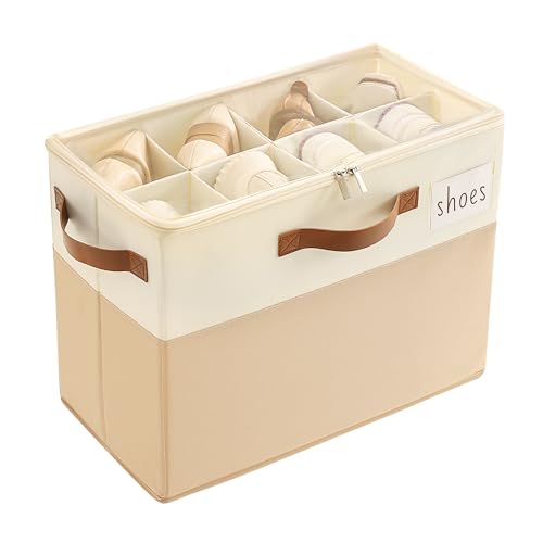 Varhomax Shoe Organizer Box for Closet, Small Fabric Shoe Storage Bin with Adjustable Dividers & Clear Cover, Saving Space Sneakers & Sandals Containers for Entryway, Cubby - color: Brown-Small-1 Pack