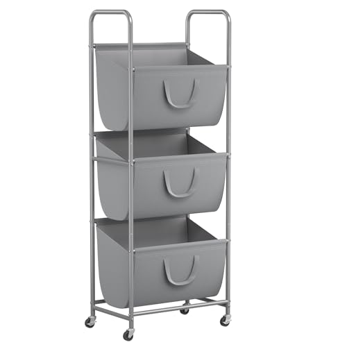 ELYKEN 120L Vertical Rolling Laundry Hamper with Removable Bags, 3 Section Laundry Baskets with Wheels, Space-Saving 3 Tier Laundry Sorter for Small Spaces, Dorm, Bedroom, Bathroom, Laundry Room - color: Gray