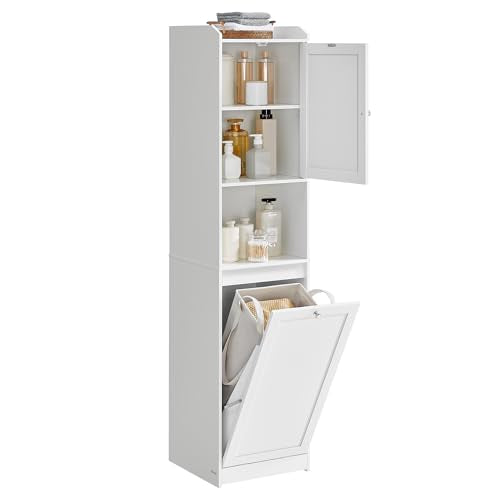 VASAGLE Tall Storage Cabinet, Storage Unit with Removable Laundry Basket, Compartment and Cabinet, for Bathroom, Living Room, 15.8 x 15.8 x 66.9 Inches, Cloud White UBBC761W01 - color: Cloud White, size: 15.8"L x 15.8"W x 66.9"H, style: 2 Doors + 1 Laundr