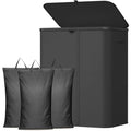 Lifewit 185L Large 3 Section Laundry Hamper with Lid, Plastic Laundry Basket with Bamboo Handles and Removable Bags, Tall Foldable Clothes Hamper for Bathroom Bedroom, Black - color: Black