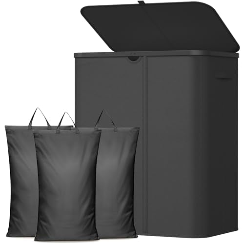 Lifewit 185L Large 3 Section Laundry Hamper with Lid, Plastic Laundry Basket with Bamboo Handles and Removable Bags, Tall Foldable Clothes Hamper for Bathroom Bedroom, Black - color: Black
