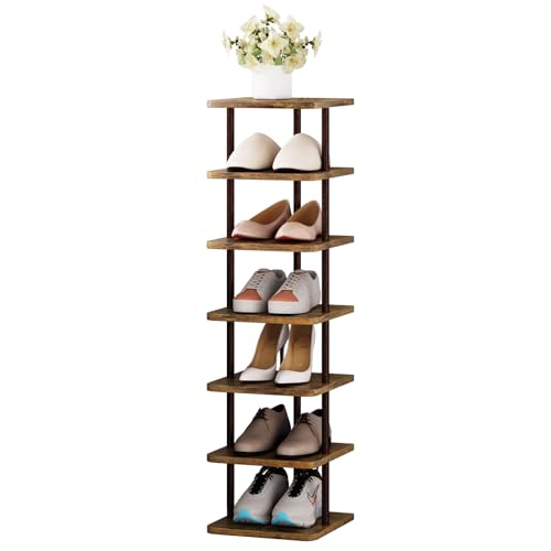 SORCEDAS 7 Tiers Vertical Shoe Rack Wooden Shoe Storage Organizer for Space Saving Narrow Shoe Shelf Storage 7 Pairs for Entryway Living Room Bedroom(Bronze + Rustic Dark Brown) - color: Bronze, size: 7 Tier-Standard