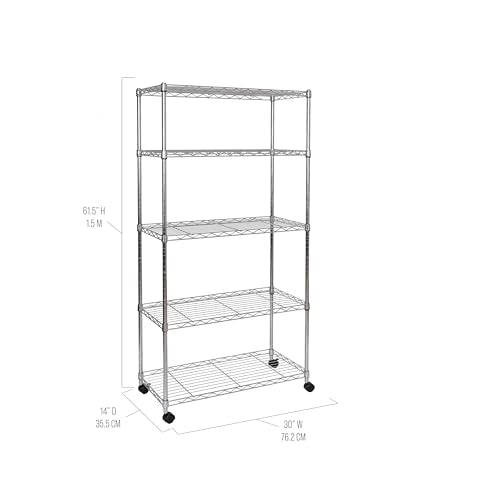 Seville Classics 5-Tier Wire Shelving with Wheels, 5-Tier, 30"" W x 14"" D (NEW MODEL), Chrome Plating, Plated Steel - color: Plated Steel, size: 5-Tier, 30" W x 14" D (NEW MODEL)