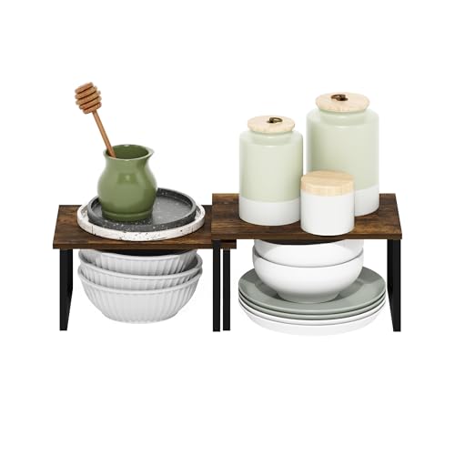 Furinno RAVEL Kitchen Countertop Organizer Set of 2, Counter Shelves, Kitchen Storage, Expandable, Stackable, Spice Rack, for Kitchen, Pantry, Coffee Bar, Amber Pine - color: Amber Pine/Black, size: 2-Pack, Nesting